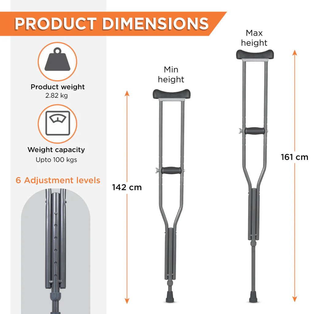 Vissco  Under Arm Crutches | Adjustable Elbow Support & Height | Light Weight | PVC grip Handle (1 Pair)