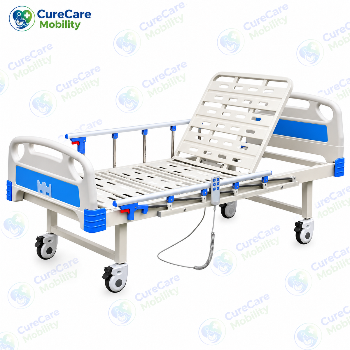 Premium Single Function Electric Semi Fowler Cot with Wheels
Motorised Adjustable Hospital Cot with Collapsible Side Rails & IV Stand