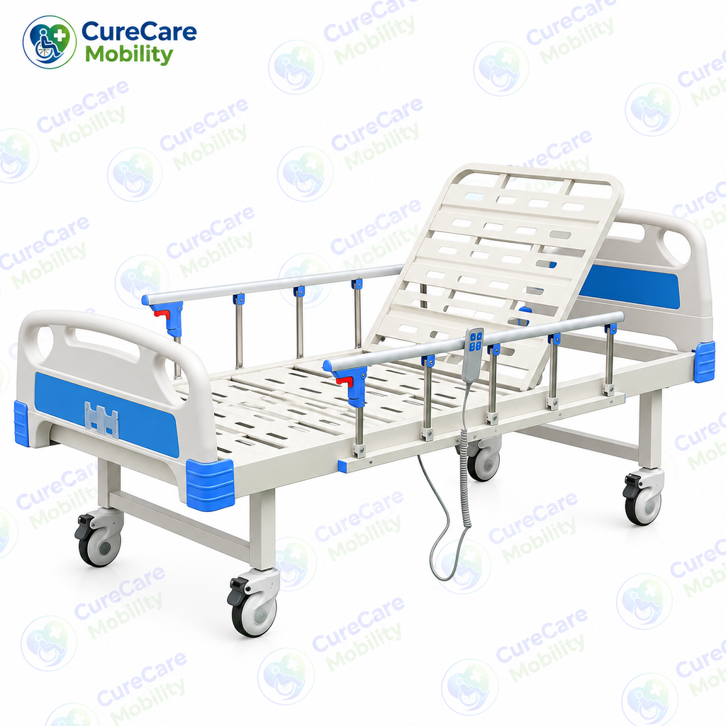 Premium Single Function Electric Semi Fowler Cot with Wheels
Motorised Adjustable Hospital Cot with Collapsible Side Rails & IV Stand