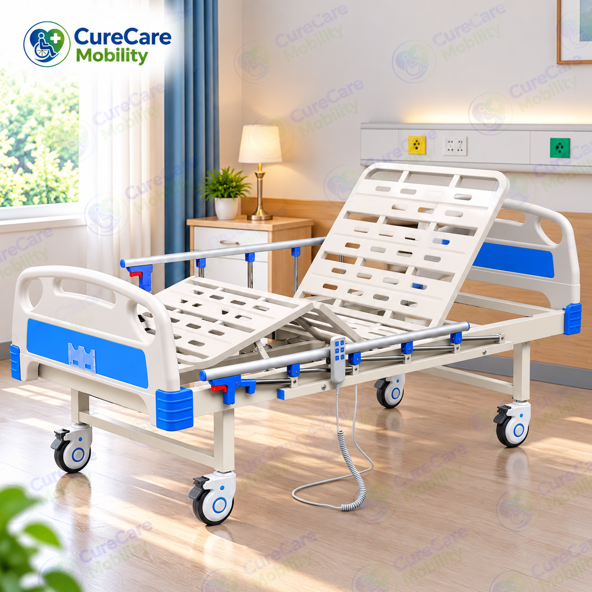 Premium 2 Function Electric Fowler Cot with Wheels for Home & Hospital
Motorised Adjustable Hospital Cot with Collapsible Side Rails, ABS Boards & IV Stand