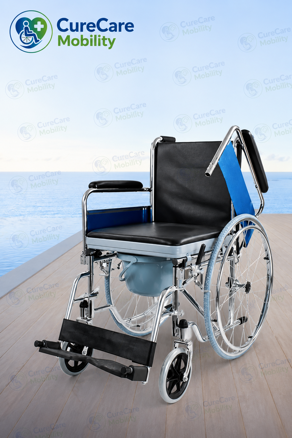 Foldable Commode Wheelchair with Flip-Up Armrest & Removable Commode Bucket