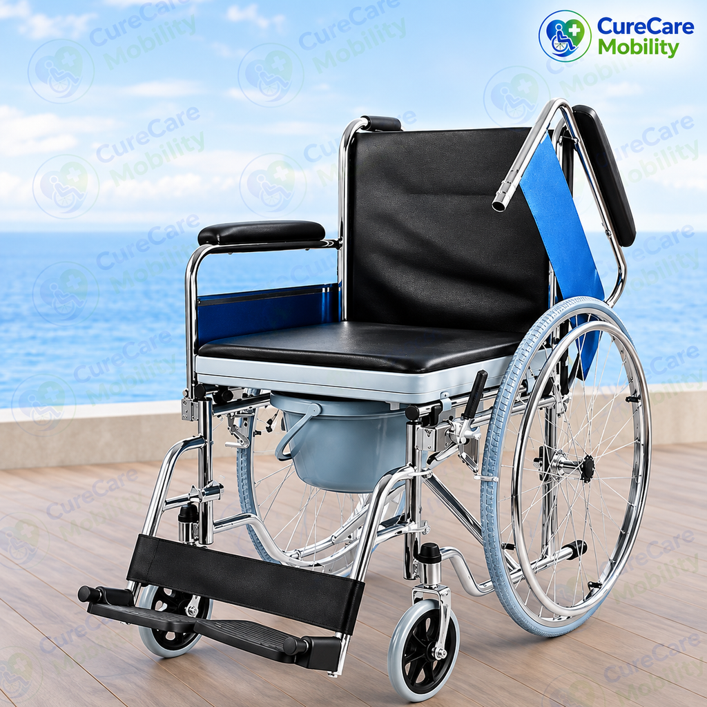 Foldable Commode Wheelchair with Flip-Up Armrest & Removable Commode Bucket