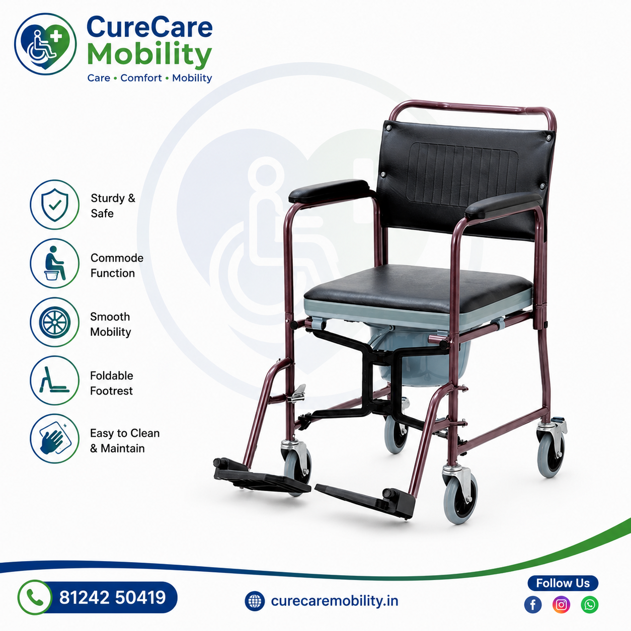 Commode Wheelchair with Detachable Armrest & Footrest
PVC Seat | Folding Commode Chair | 100 kg Load Capacity