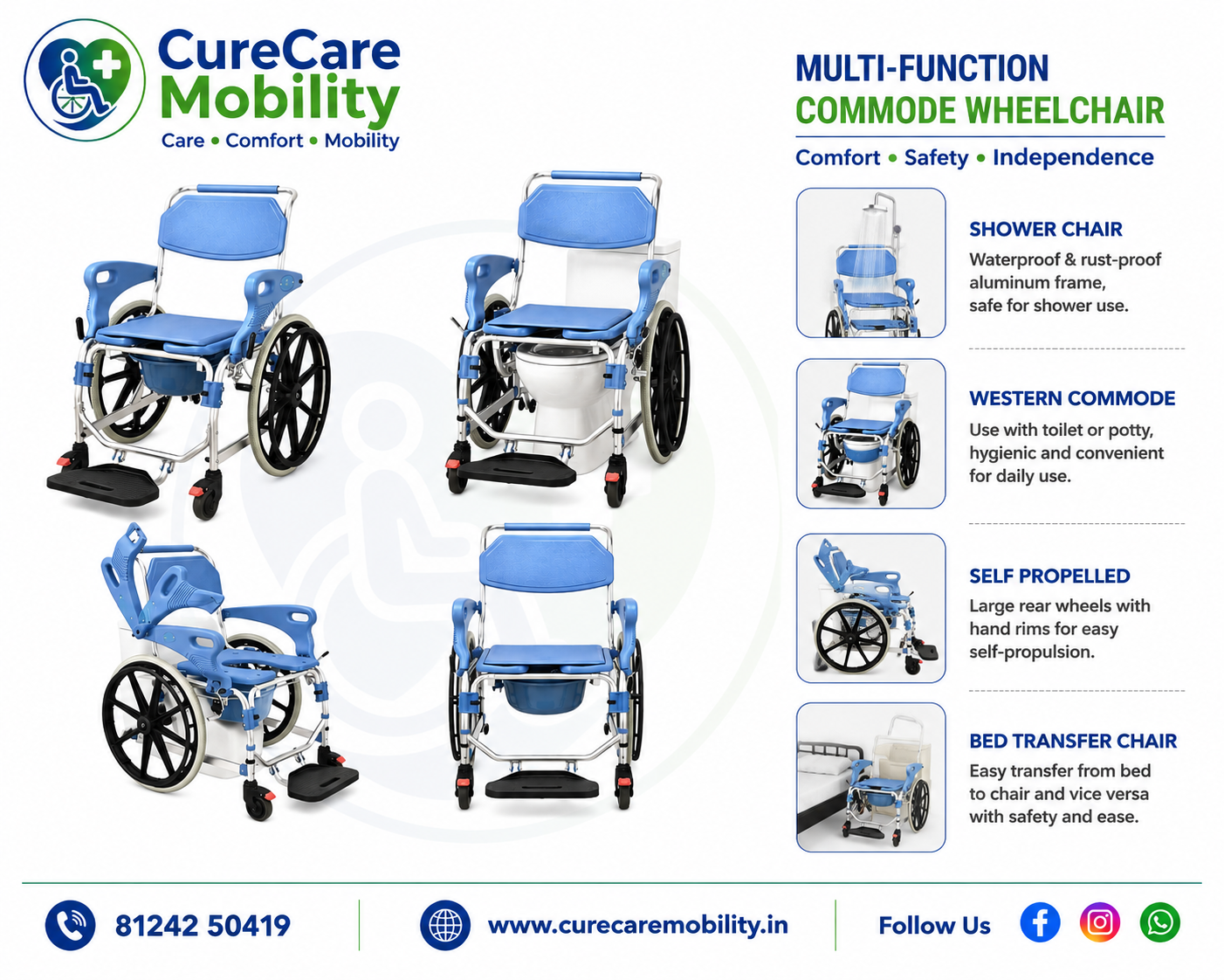 3 in 1 Self-Propelled Aluminium Commode Wheelchair
Foldable Shower Chair, Toilet Chair & Transport Wheelchair
