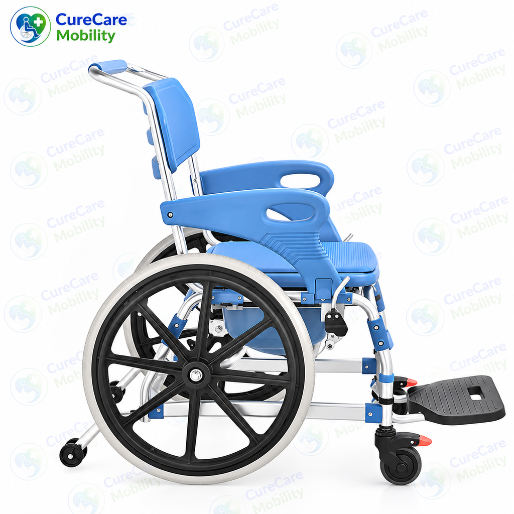 3 in 1 Self-Propelled Aluminium Commode Wheelchair
Foldable Shower Chair, Toilet Chair & Transport Wheelchair