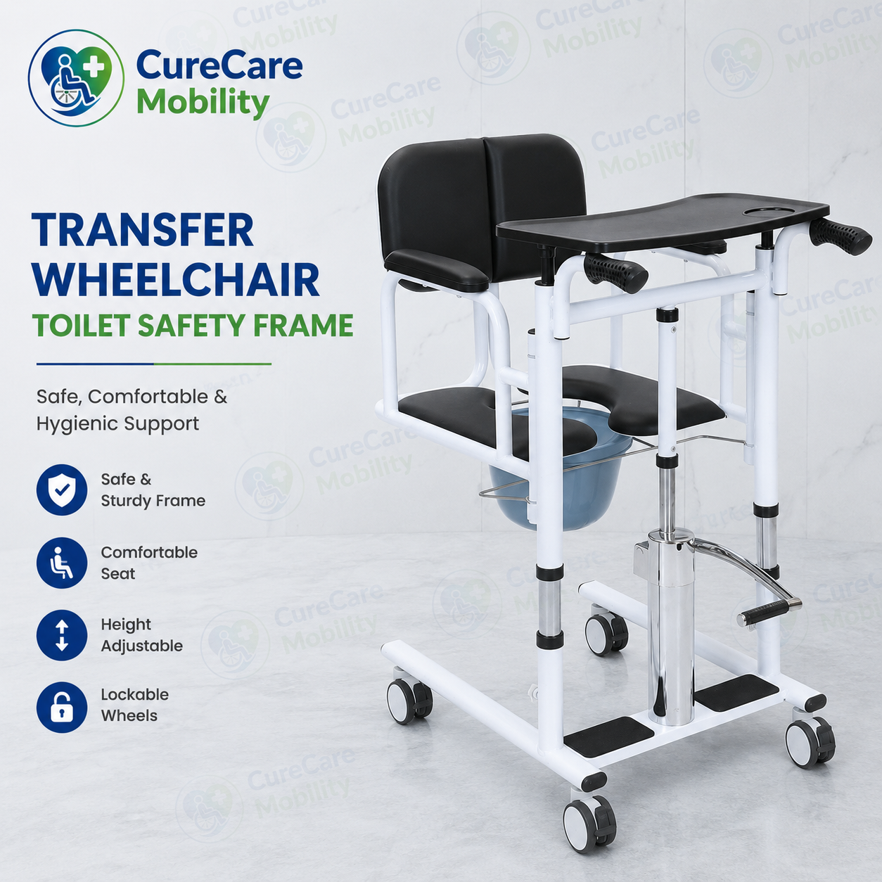 Hydraulic Patient Transfer Wheelchair with Commode & Food Tray | 180° Rotating | Height Adjustable