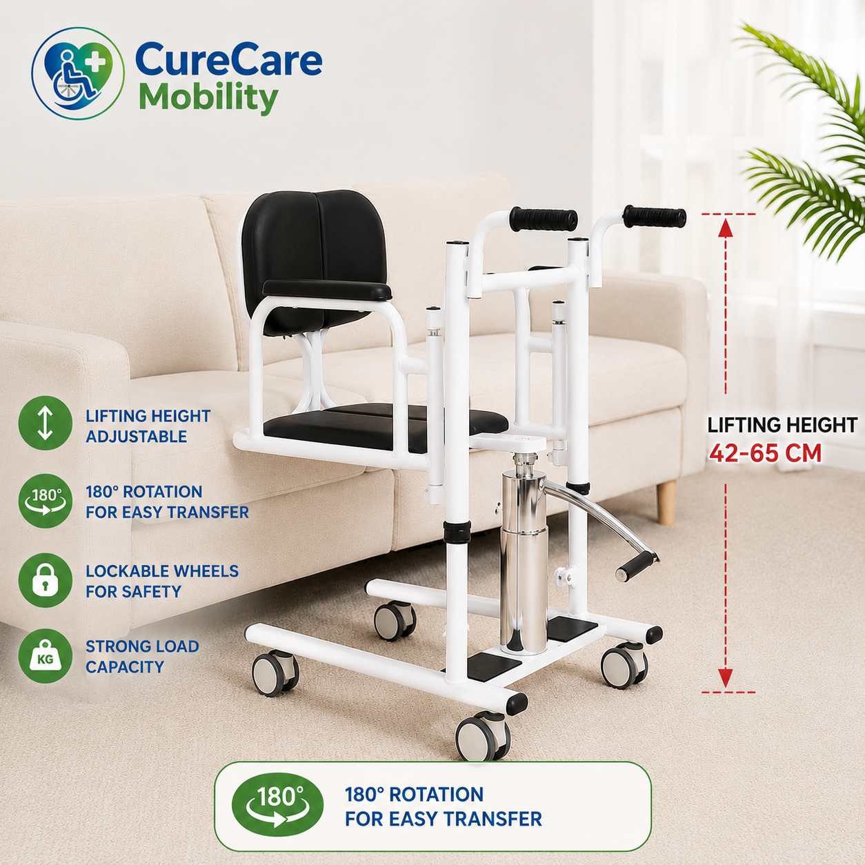 Hydraulic Patient Transfer Wheelchair with Commode & Food Tray | 180° Rotating | Height Adjustable