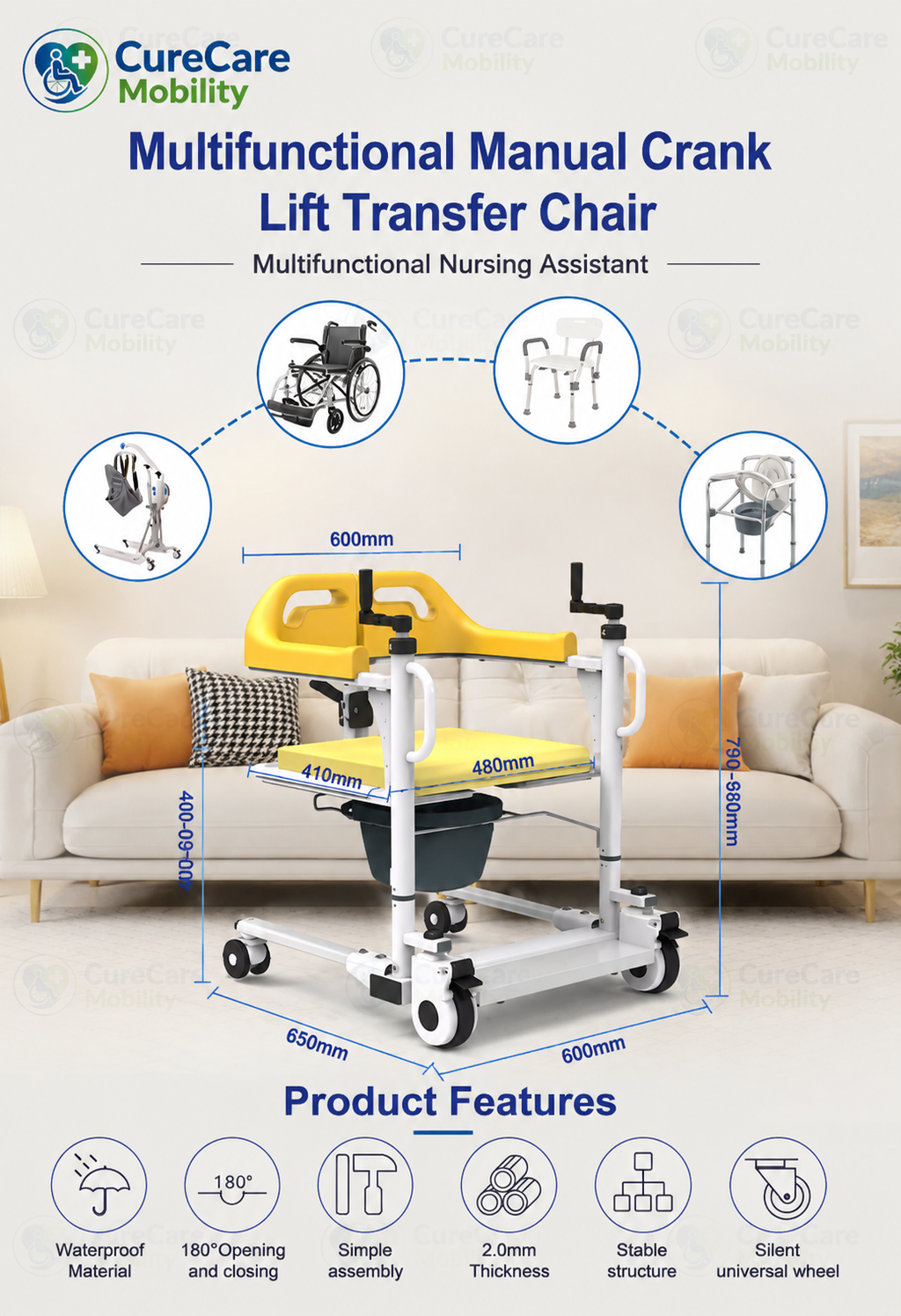 Manual Crank Patient Transfer Wheelchair with Commode | Height Adjustable Transfer Chair