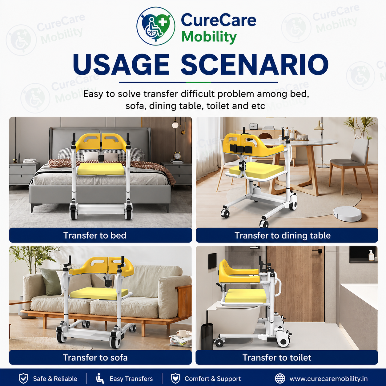 Manual Crank Patient Transfer Wheelchair with Commode | Height Adjustable Transfer Chair