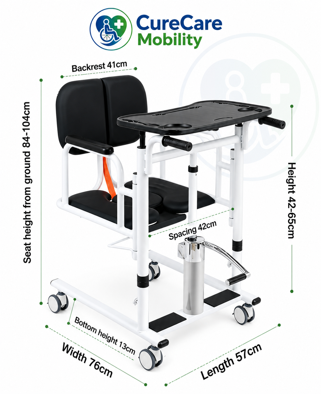 Hydraulic Patient Transfer Wheelchair with Commode & Food Tray | 180° Rotating | Height Adjustable