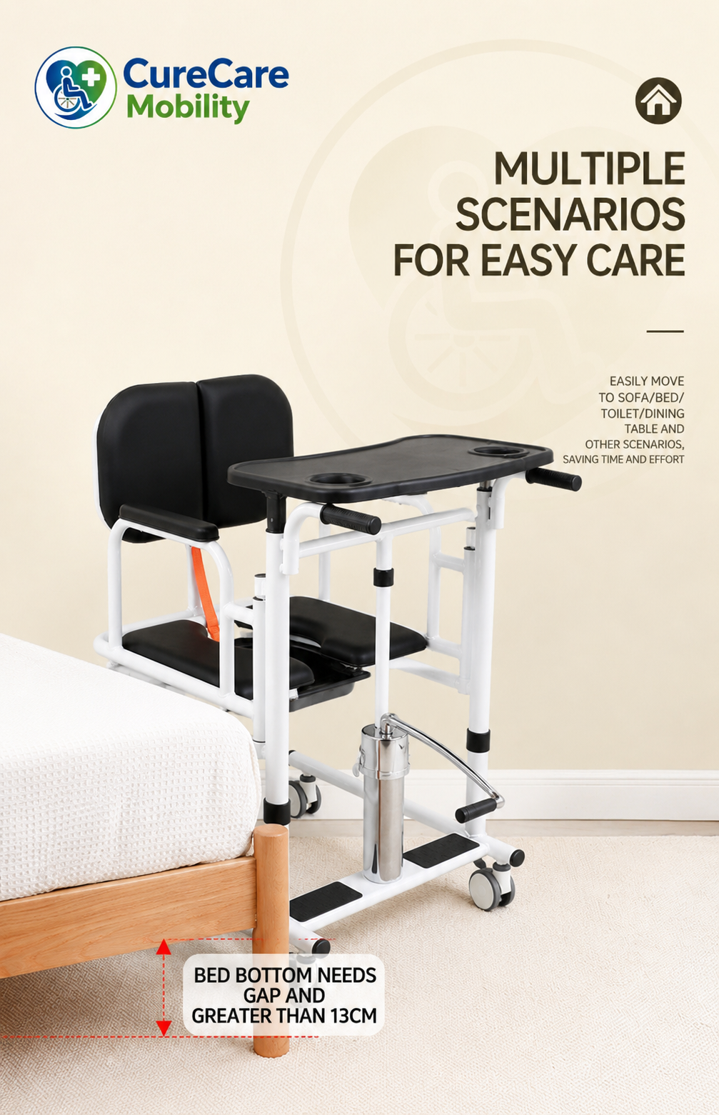Hydraulic Patient Transfer Wheelchair with Commode & Food Tray | 180° Rotating | Height Adjustable