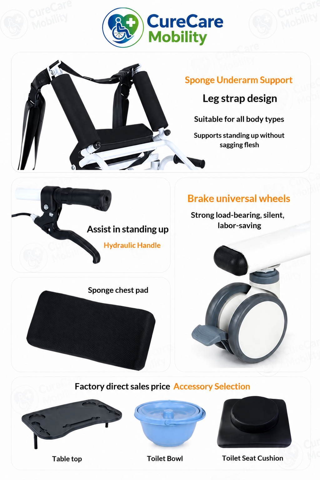 Hydraulic shoulder-support Stand Assist Patient Transfer Chair with Commode & Dining Tray
