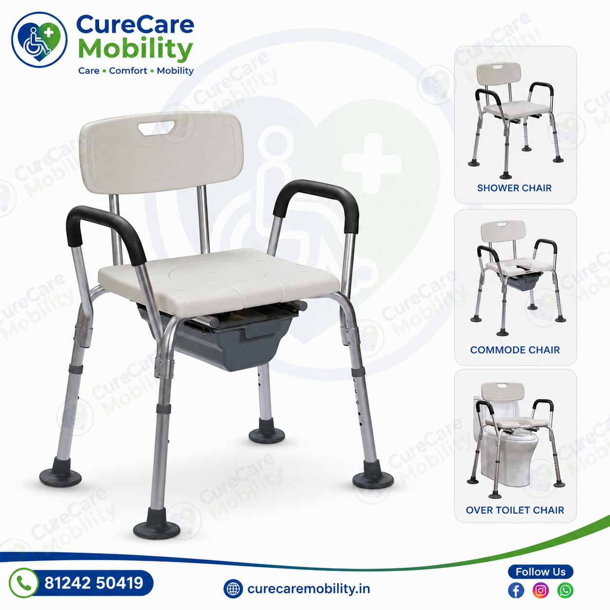 Shower & Commode Chair- Height Adjustable 
Portable Toilet Chair with Backrest | Anti-Slip Legs | 130kg Capacity