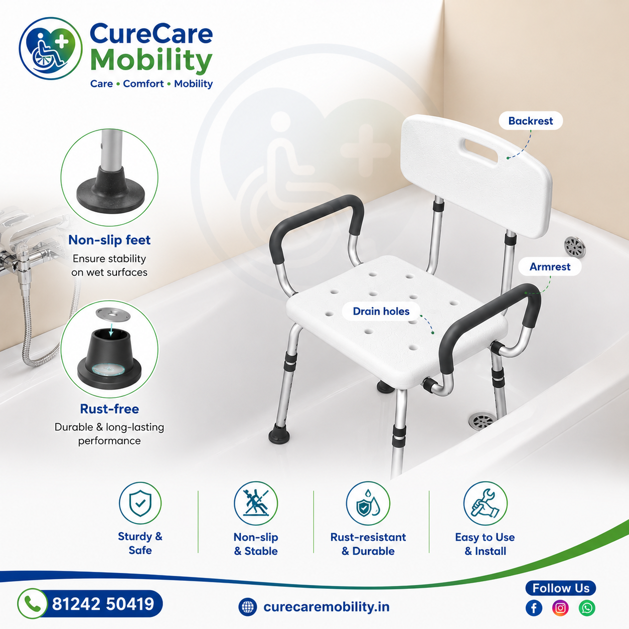 Shower Chair with Backrest- Height Adjustable
Heavy Duty Bathroom Stool with Armrests | Anti-Slip Feet | 110kg Capacity