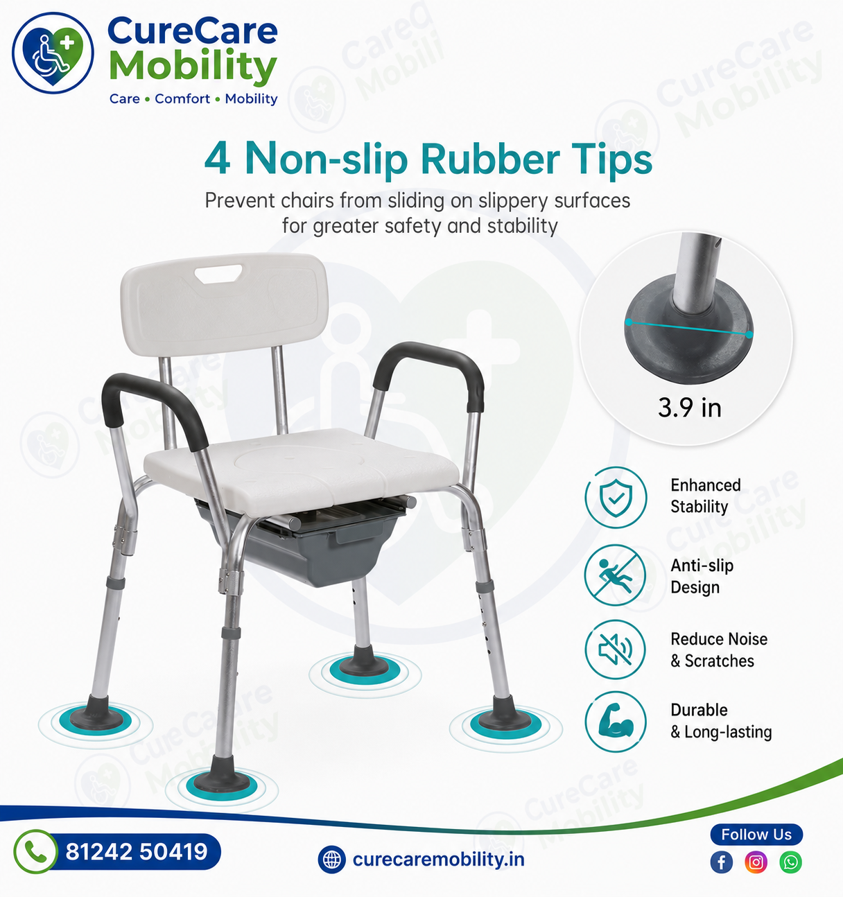 Shower & Commode Chair- Height Adjustable 
Portable Toilet Chair with Backrest | Anti-Slip Legs | 130kg Capacity