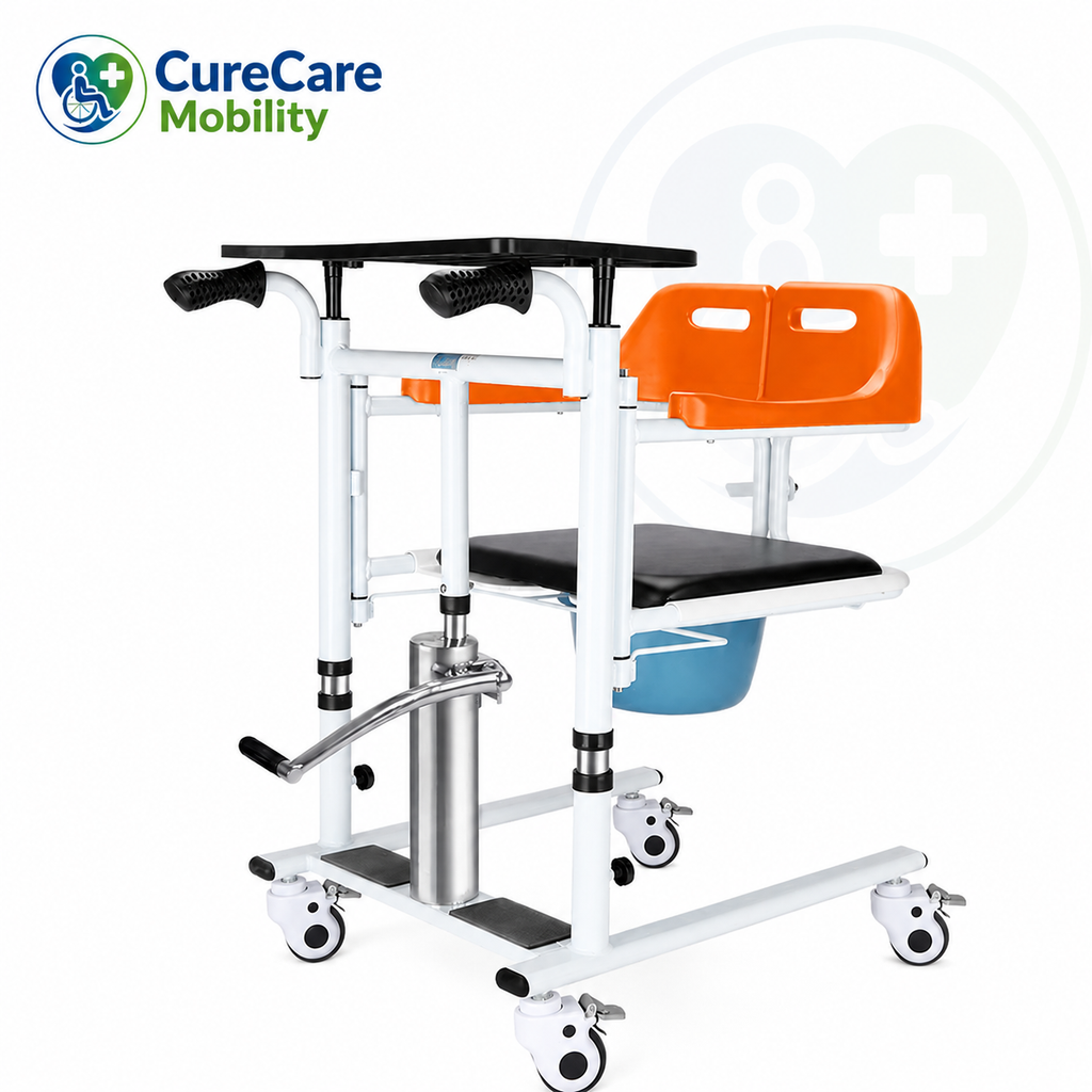 Hydraulic Patient Lift & Transfer Wheelchair with Commode
Height Adjustable | Food Tray | Transfer Chair
