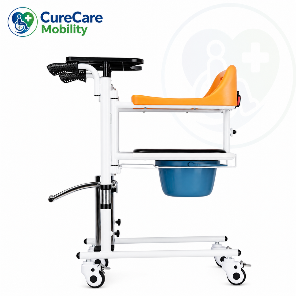 Hydraulic Patient Lift & Transfer Wheelchair with Commode
Height Adjustable | Food Tray | Transfer Chair
