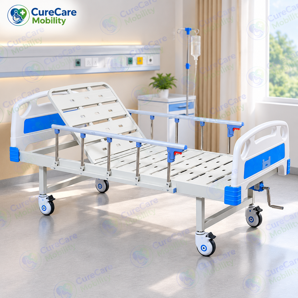 Premium Manual Semi Fowler Cot with Wheels for Home & Hospital
Adjustable Backrest Cot with ABS Head & Foot Boards, Side Rails & 5-Inch Castors