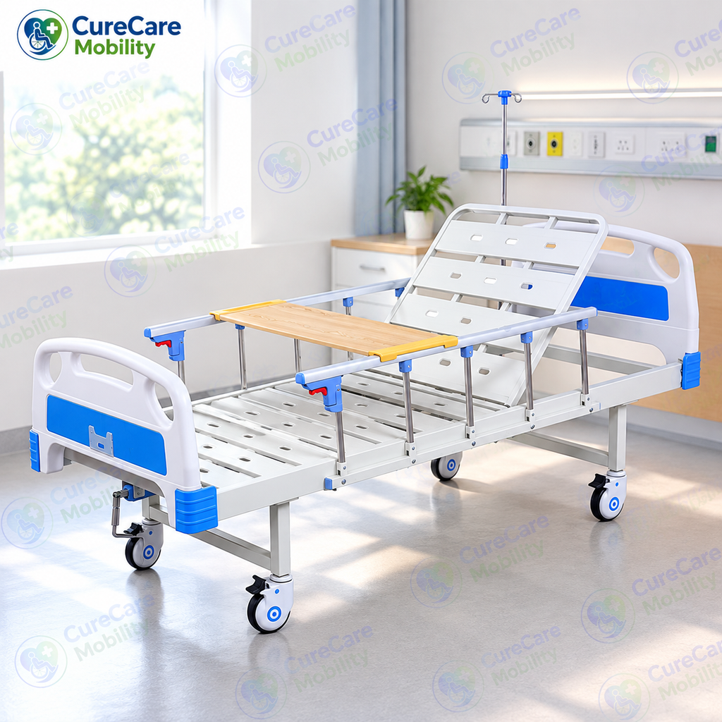 Premium Manual Semi Fowler Cot with Wheels for Home & Hospital
Adjustable Backrest Cot with ABS Head & Foot Boards, Side Rails & 5-Inch Castors