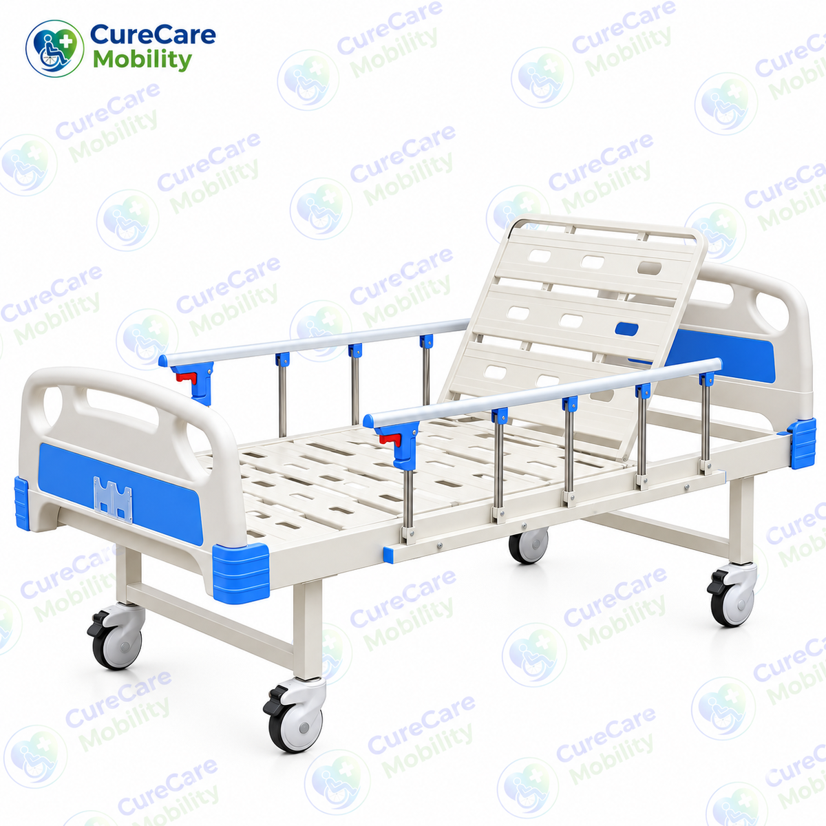 Premium Manual Semi Fowler Cot with Wheels for Home & Hospital
Adjustable Backrest Cot with ABS Head & Foot Boards, Side Rails & 5-Inch Castors