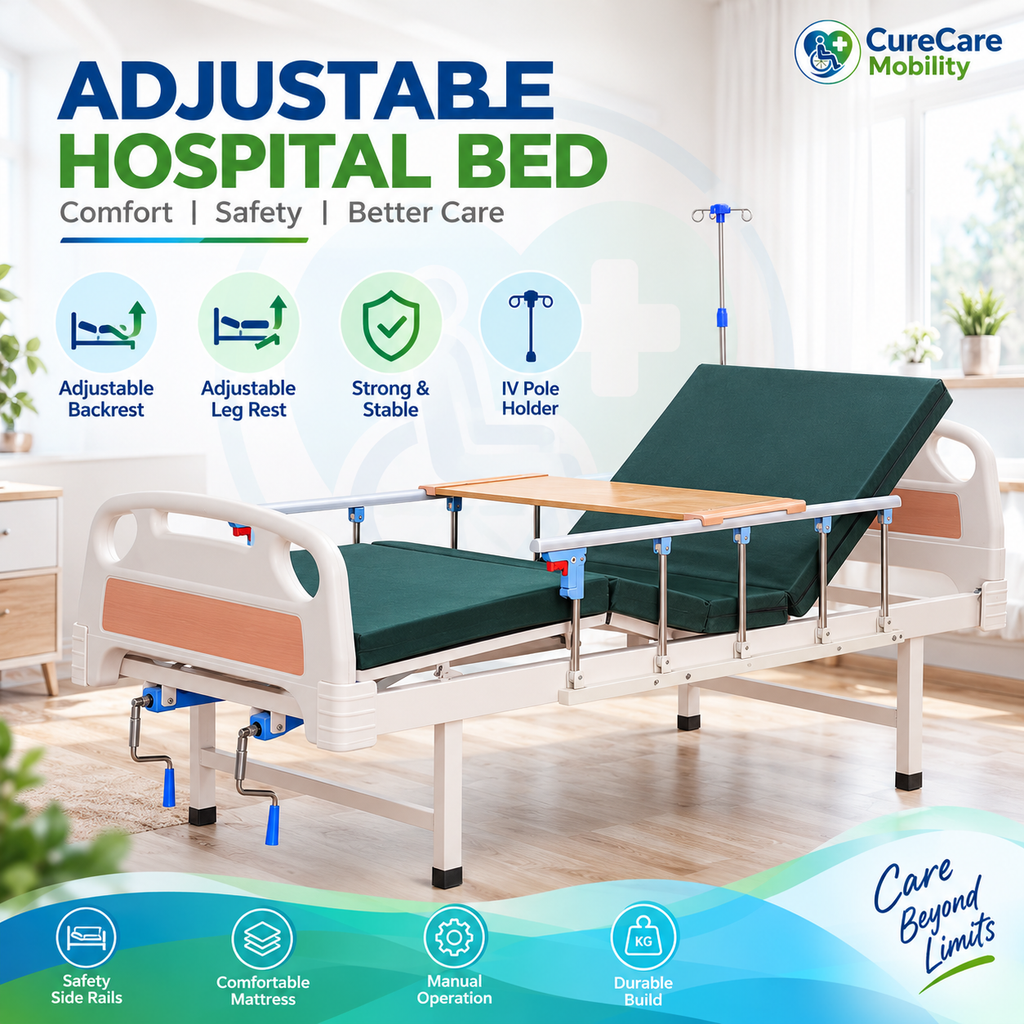 Premium Manual Fowler Cot Without Wheels – Adjustable Backrest
Hospital & Home Care Cot with ABS Head & Foot Boards and Side Rails
