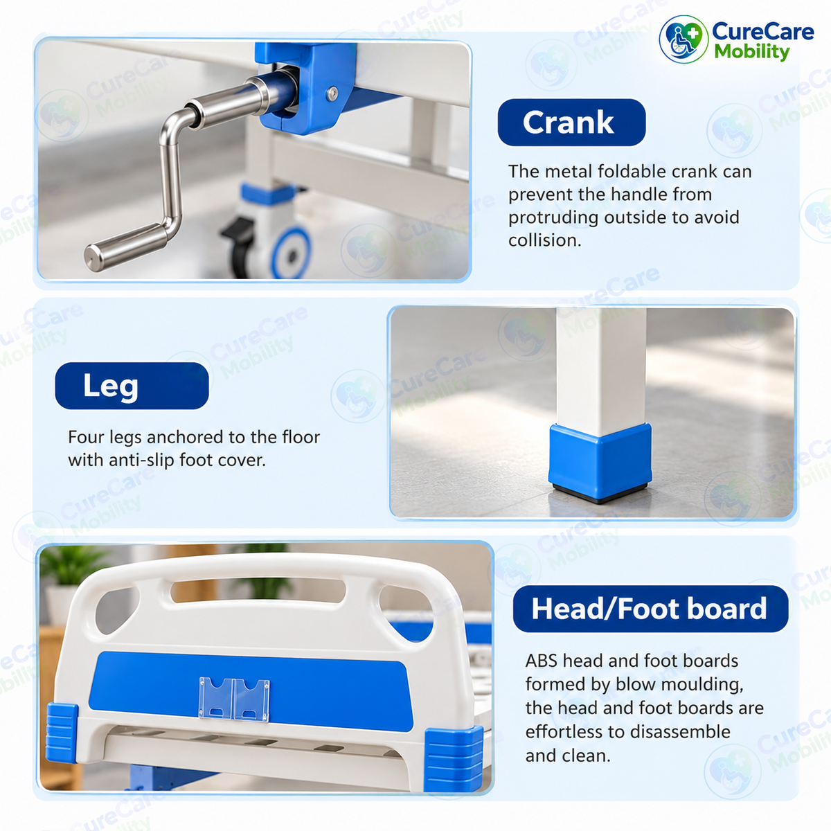 Premium Manual Fowler Cot Without Wheels – Adjustable Backrest
Hospital & Home Care Cot with ABS Head & Foot Boards and Side Rails