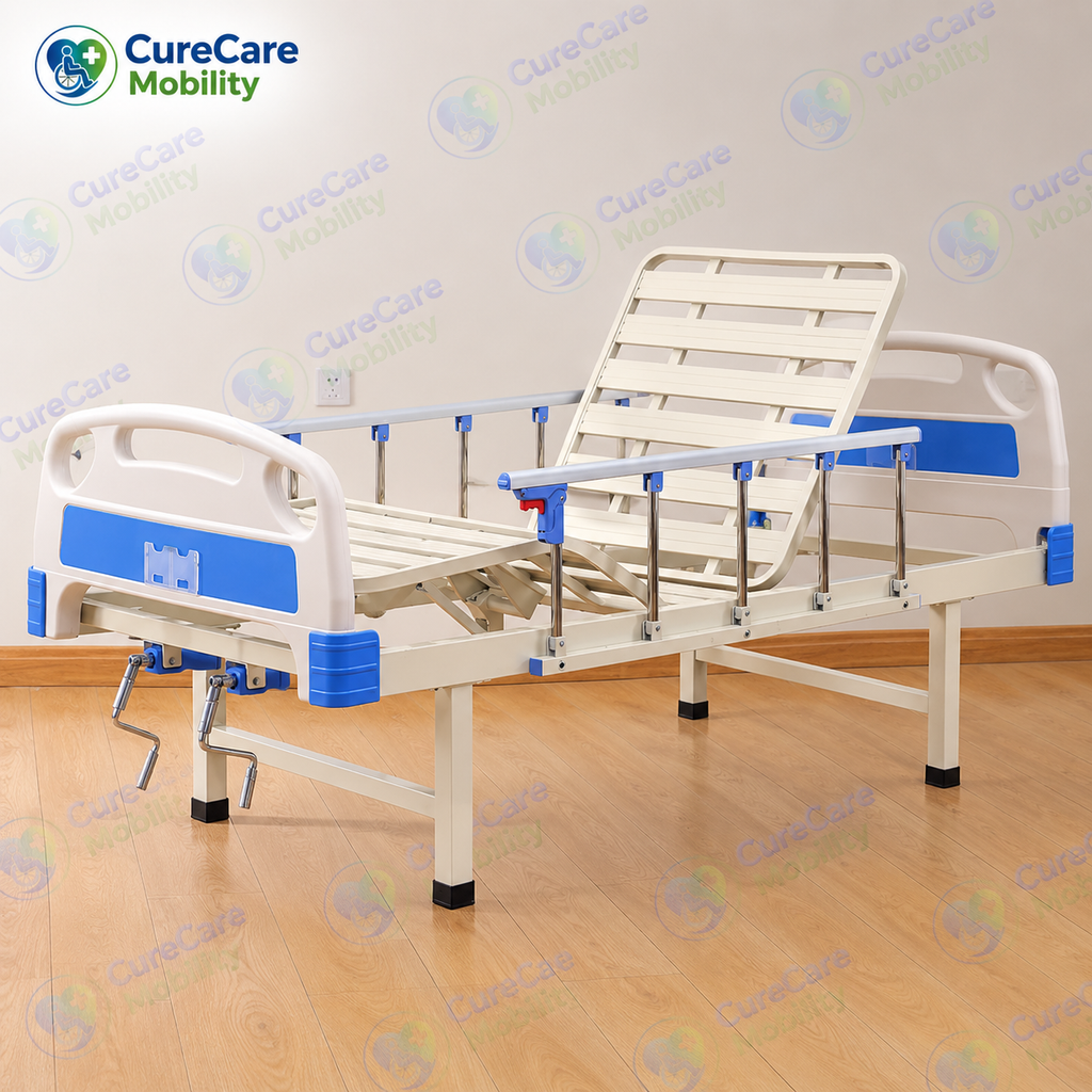 Premium Manual Fowler Cot Without Wheels – Adjustable Backrest
Hospital & Home Care Cot with ABS Head & Foot Boards and Side Rails