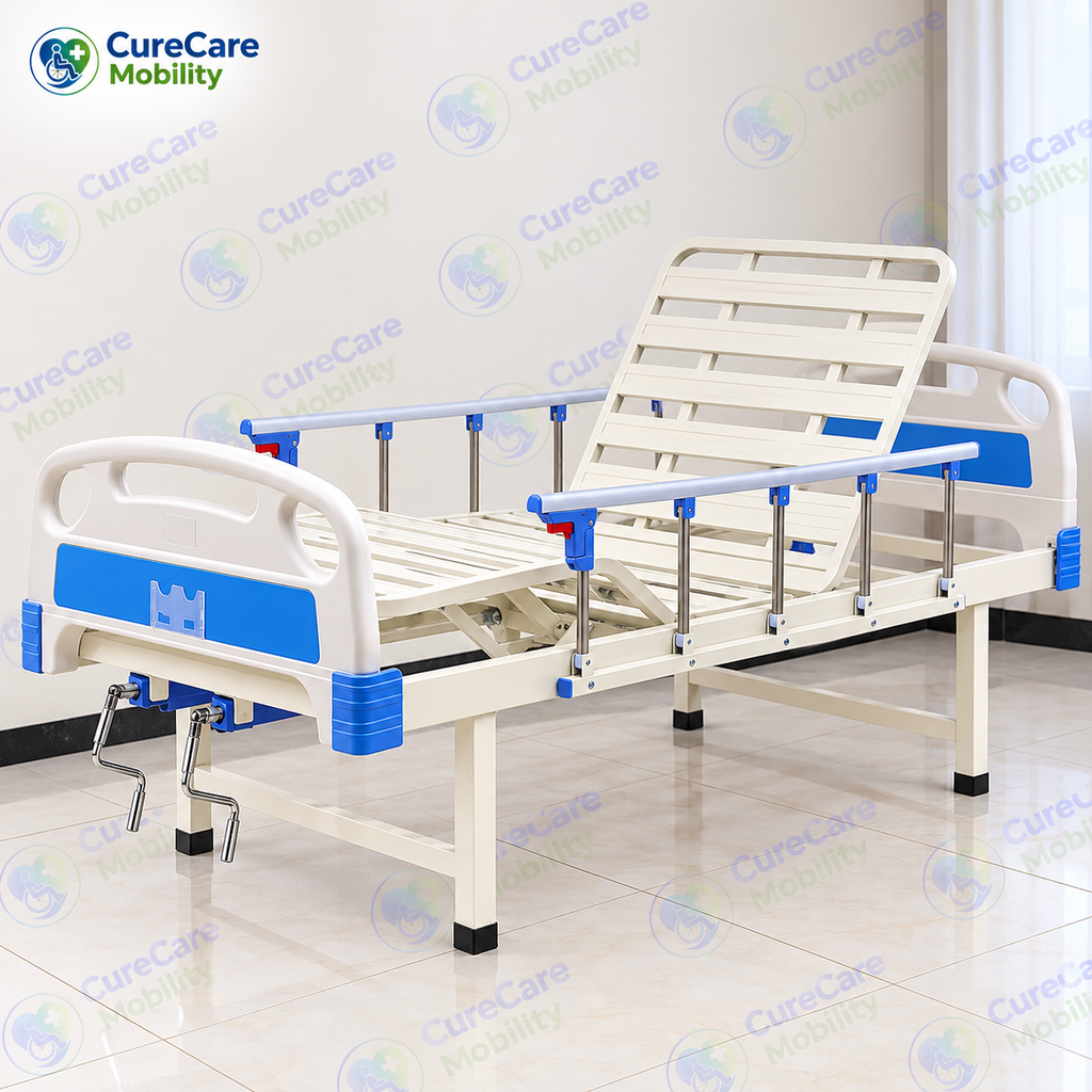 Premium Manual Fowler Cot Without Wheels – Adjustable Backrest
Hospital & Home Care Cot with ABS Head & Foot Boards and Side Rails