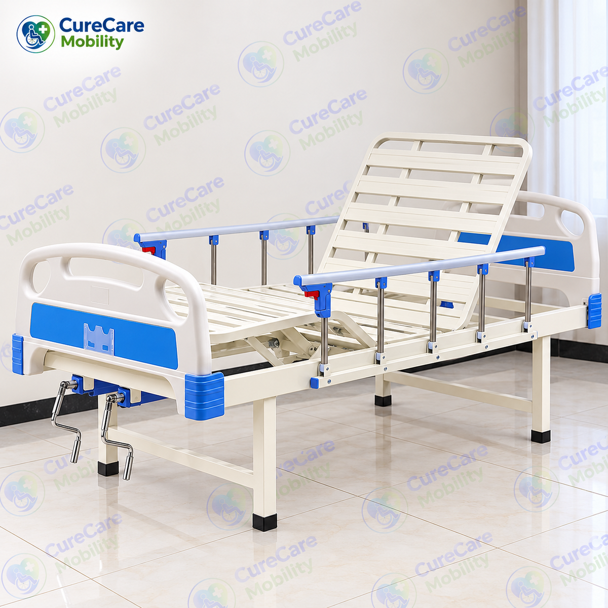 Premium Manual Fowler Cot Without Wheels – Adjustable Backrest
Hospital & Home Care Cot with ABS Head & Foot Boards and Side Rails