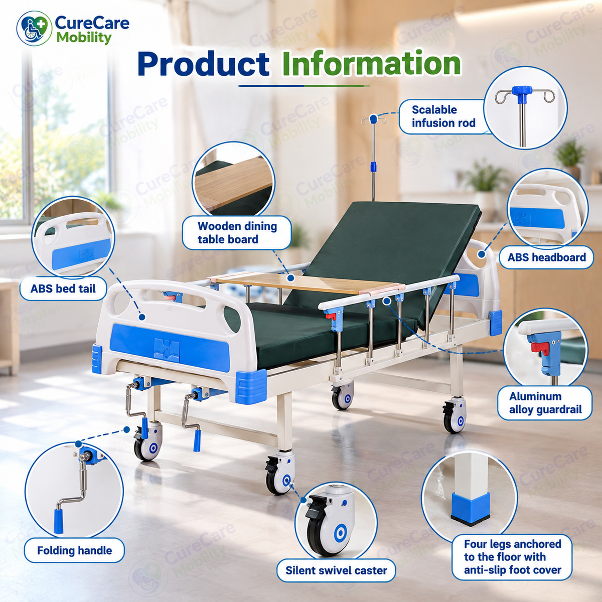 Premium Double Fowler Cot with Wheels for Home & Hospital Use