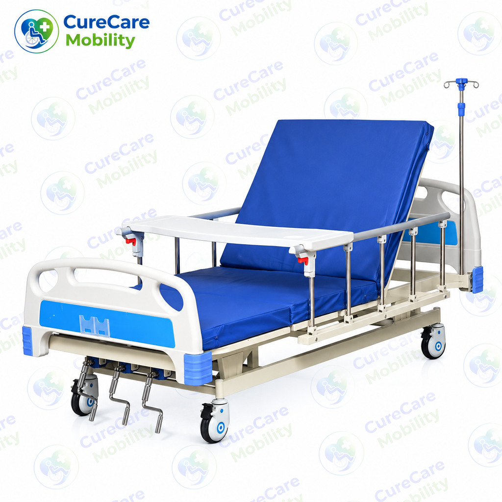 Premium 3 Function Manual Fowler Cot with Wheels for Home & Hospital Use – Adjustable Backrest, Leg Rest & Height with Aluminium Side Rails