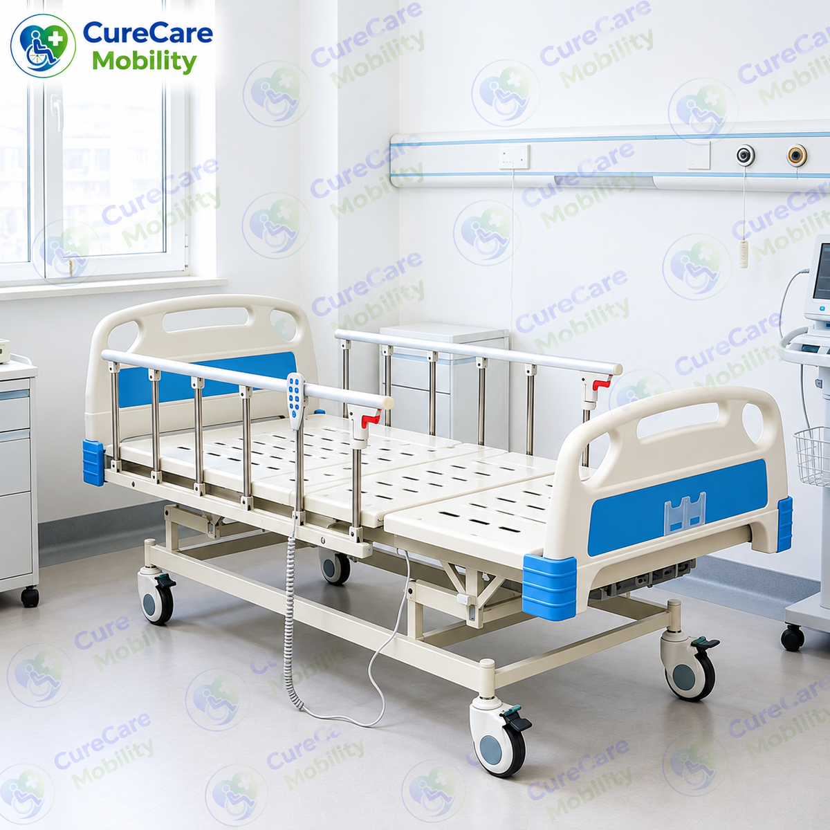 Electric 3 Function Fowler Cot with Adjustable Height
Motorized Hospital Bed with Side Rails, Castors & IV Stand