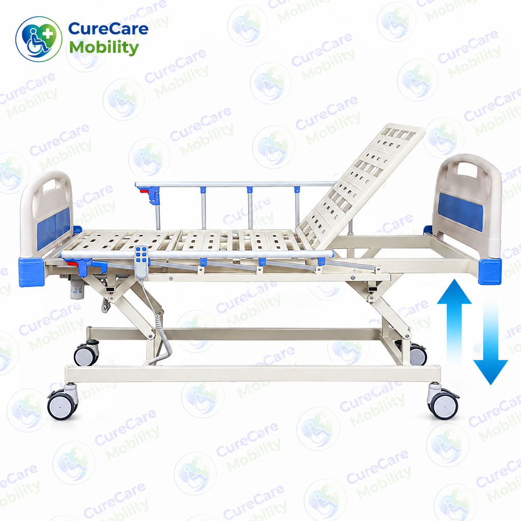 Electric 3 Function Fowler Cot with Adjustable Height
Motorized Hospital Bed with Side Rails, Castors & IV Stand
