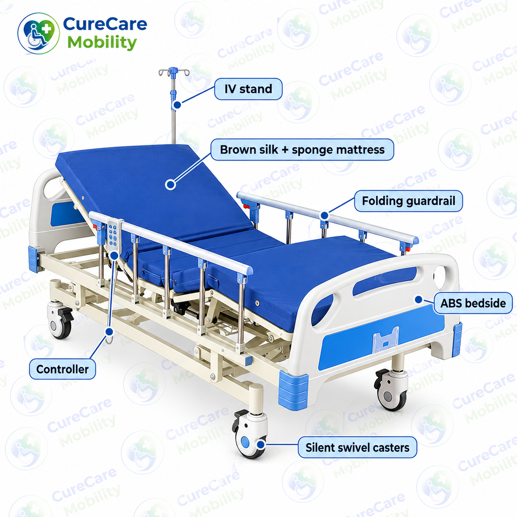 Electric 3 Function Fowler Cot with Adjustable Height
Motorized Hospital Bed with Side Rails, Castors & IV Stand
