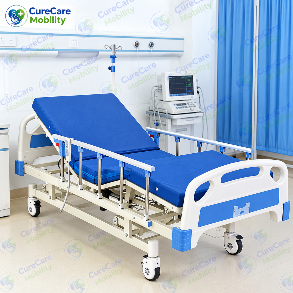 Electric 3 Function Fowler Cot with Adjustable Height
Motorized Hospital Bed with Side Rails, Castors & IV Stand