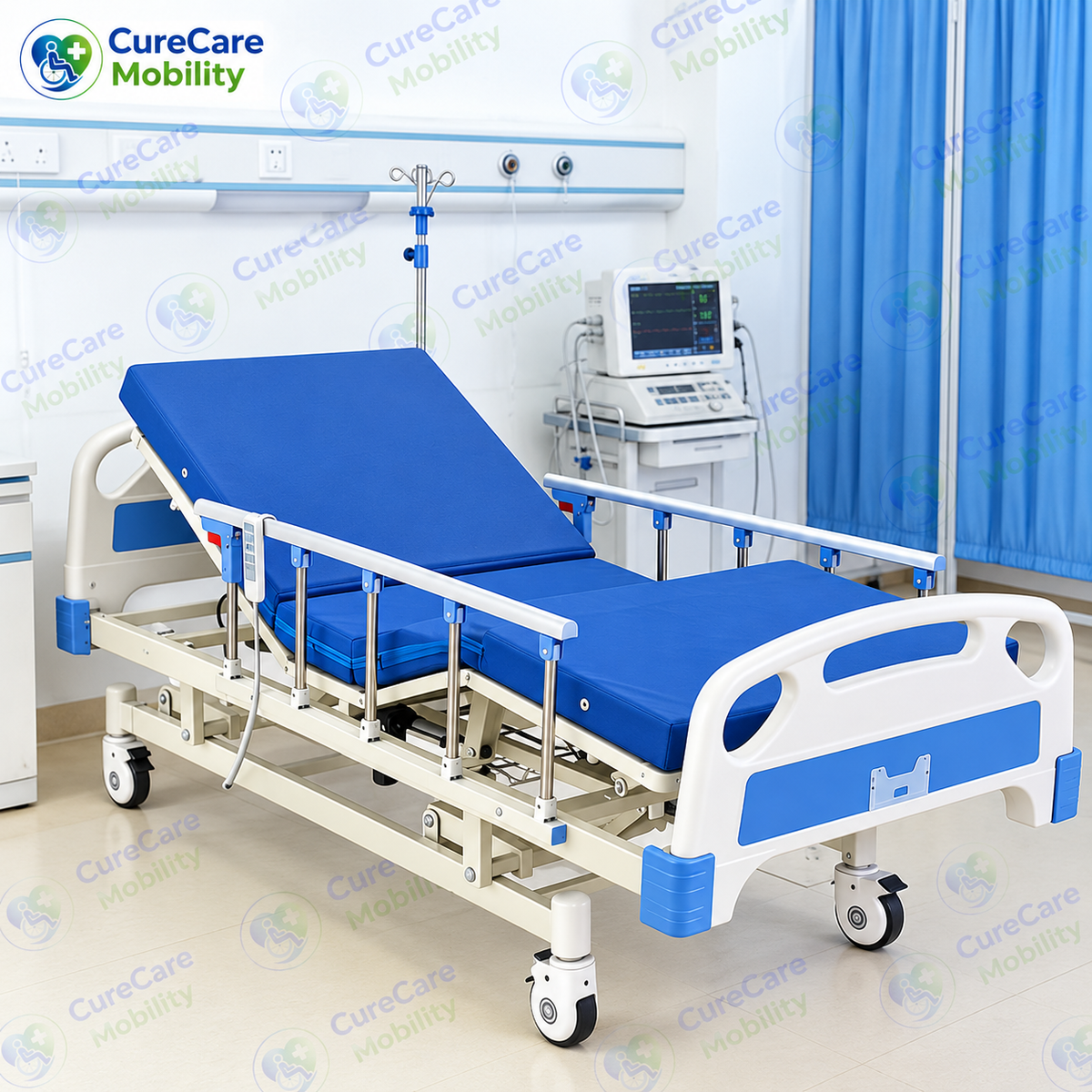 Electric 3 Function Fowler Cot with Adjustable Height
Motorized Hospital Bed with Side Rails, Castors & IV Stand