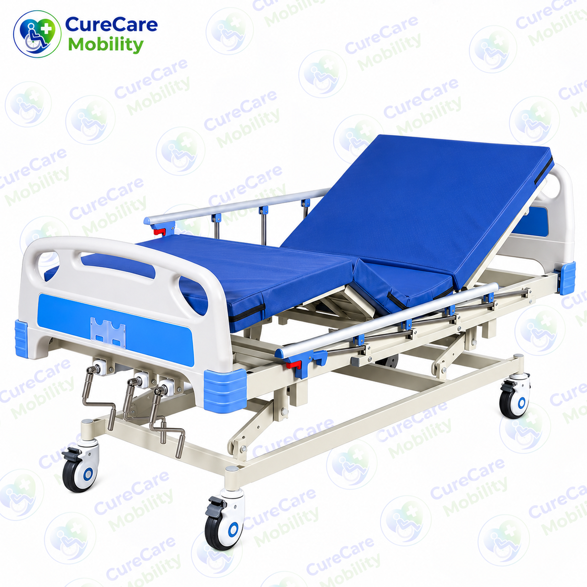 Premium 3 Function Manual Fowler Cot with Wheels for Home & Hospital Use – Adjustable Backrest, Leg Rest & Height with Aluminium Side Rails