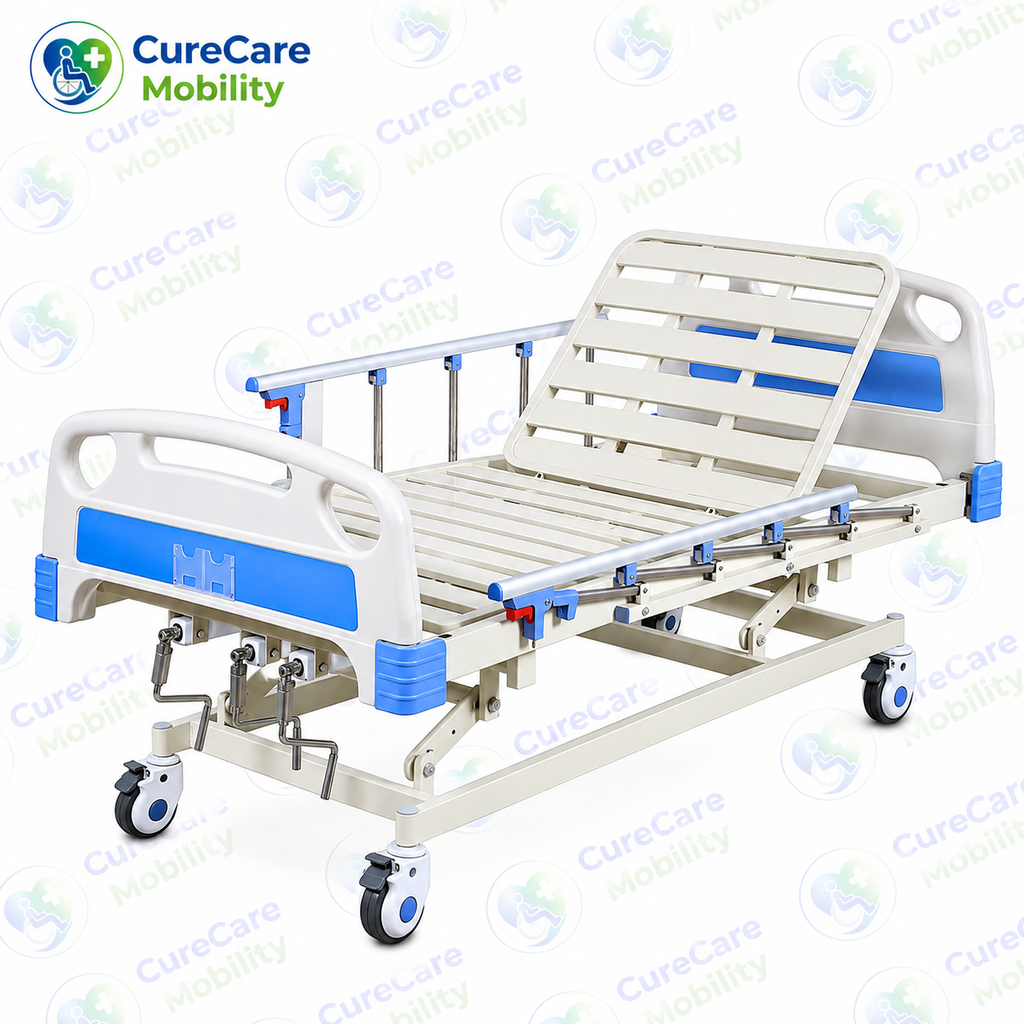Premium 3 Function Manual Fowler Cot with Wheels for Home & Hospital Use – Adjustable Backrest, Leg Rest & Height with Aluminium Side Rails