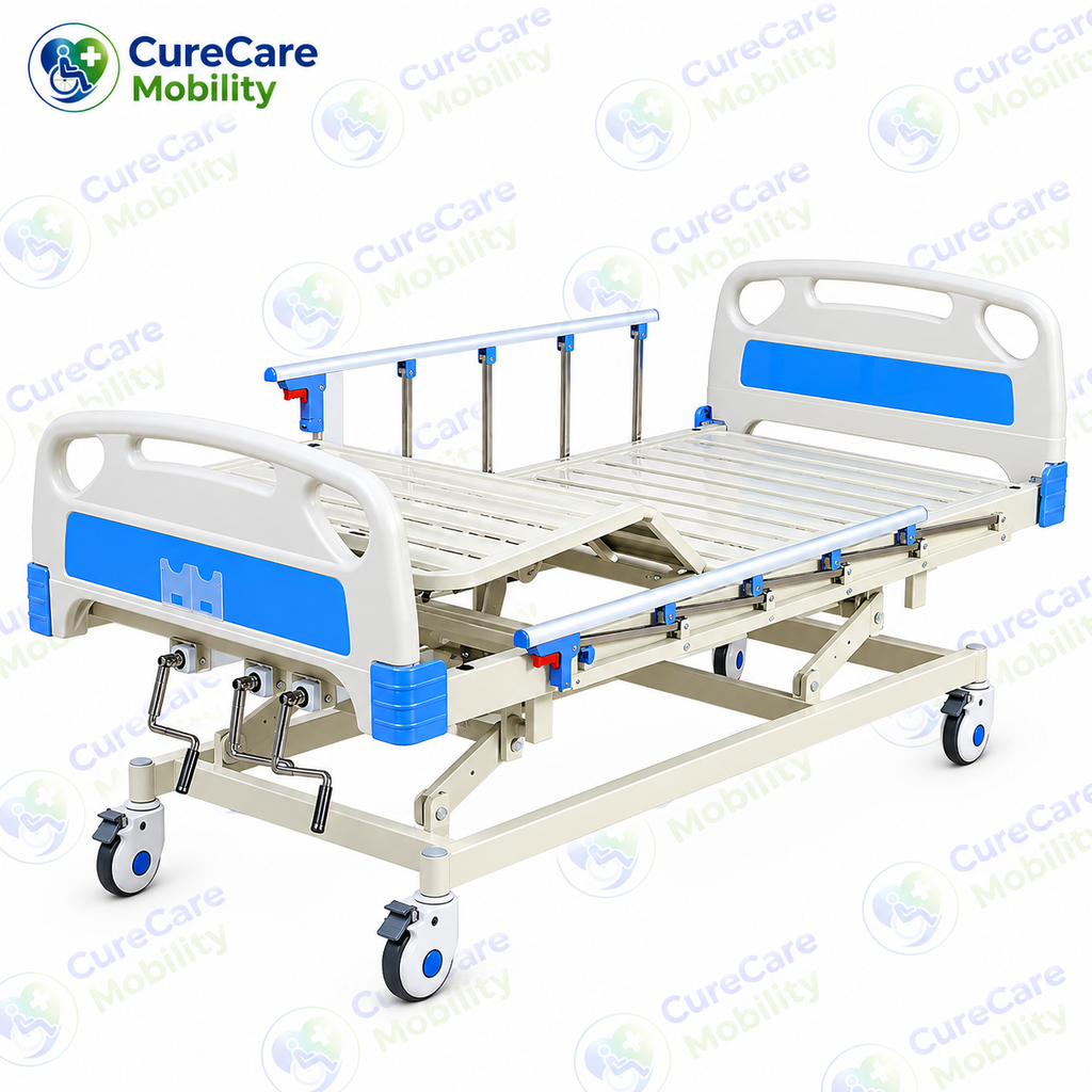 Premium 3 Function Manual Fowler Cot with Wheels for Home & Hospital Use – Adjustable Backrest, Leg Rest & Height with Aluminium Side Rails