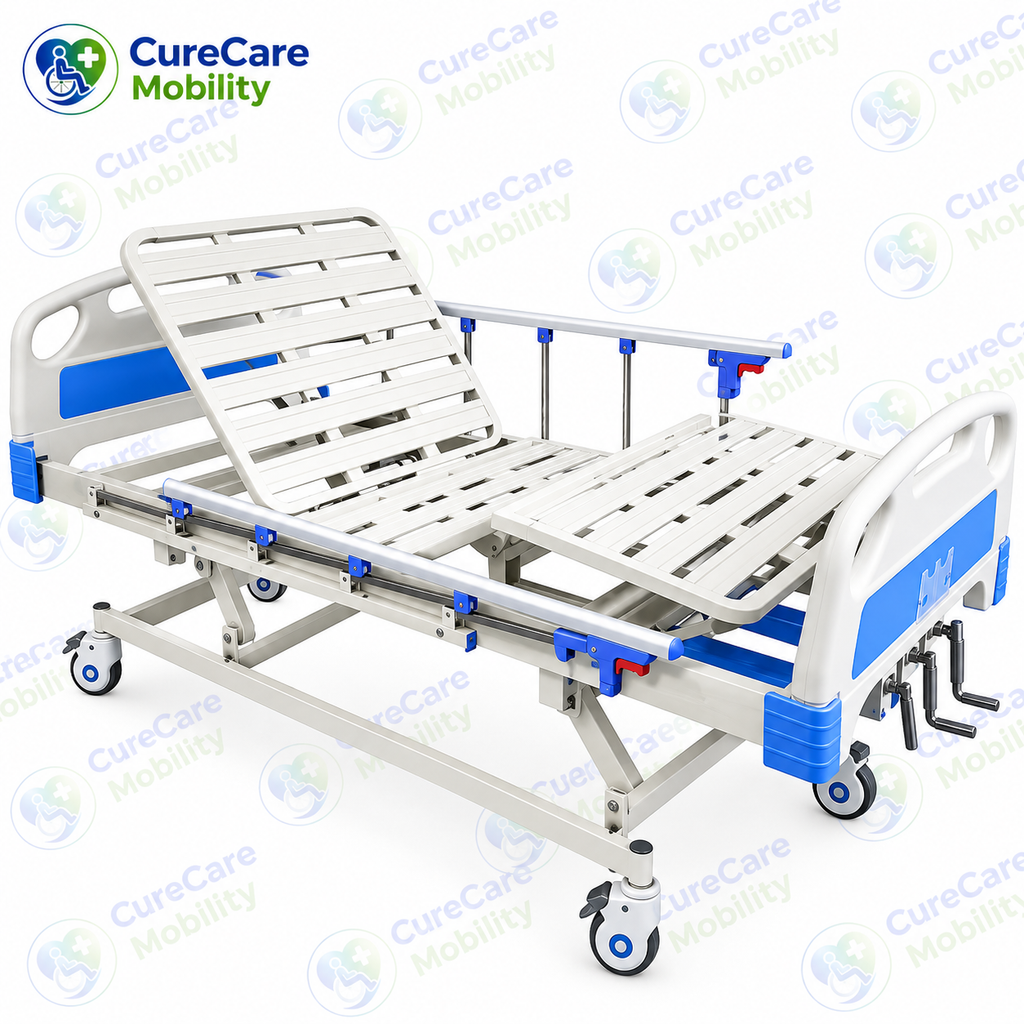 Premium 3 Function Manual Fowler Cot with Wheels for Home & Hospital Use – Adjustable Backrest, Leg Rest & Height with Aluminium Side Rails