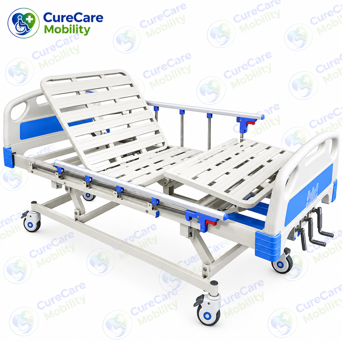Premium 3 Function Manual Fowler Cot with Wheels for Home & Hospital Use – Adjustable Backrest, Leg Rest & Height with Aluminium Side Rails