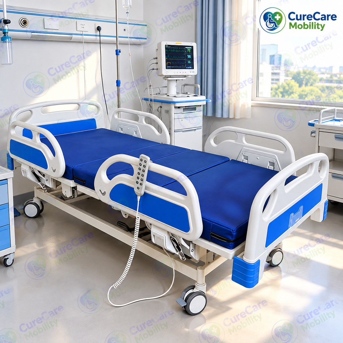 Premium 5 Function Electric Fowler Cot with ABS Side Rails
Motorised Hospital Bed with Height, Backrest & Leg Adjustment
Electric Fowler Cot with Wheels, Remote Control & IV Stand