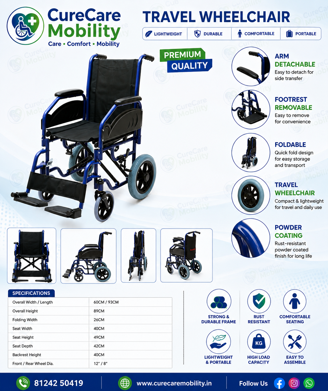 Foldable Wheelchair with Removable Arm & Foot Rest | Lightweight Transport Wheelchair