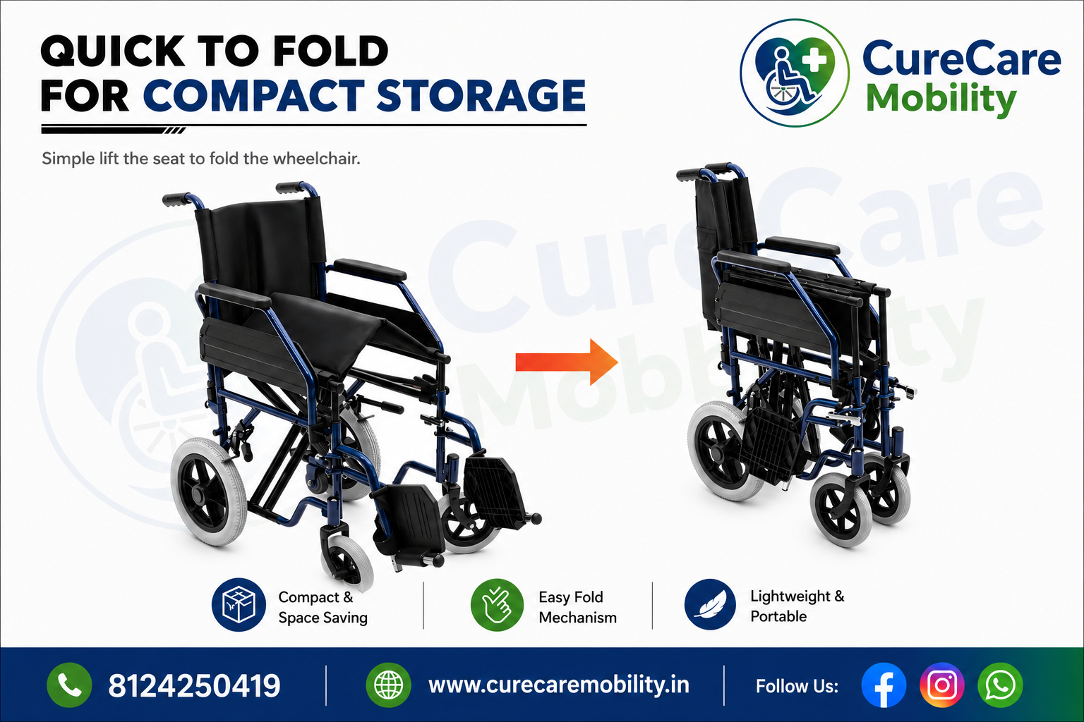 Foldable Wheelchair with Removable Arm & Foot Rest | Lightweight Transport Wheelchair