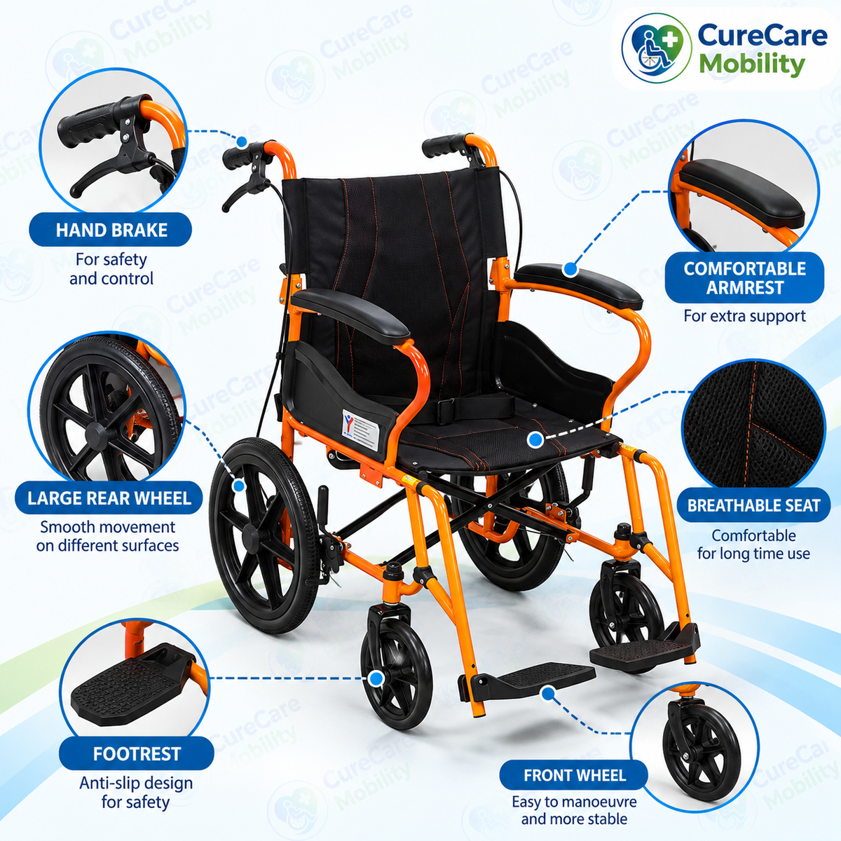 Premium Foldable Wheelchair With Attendant BrakeCompact Manual Wheelchair with Detachable Footrests