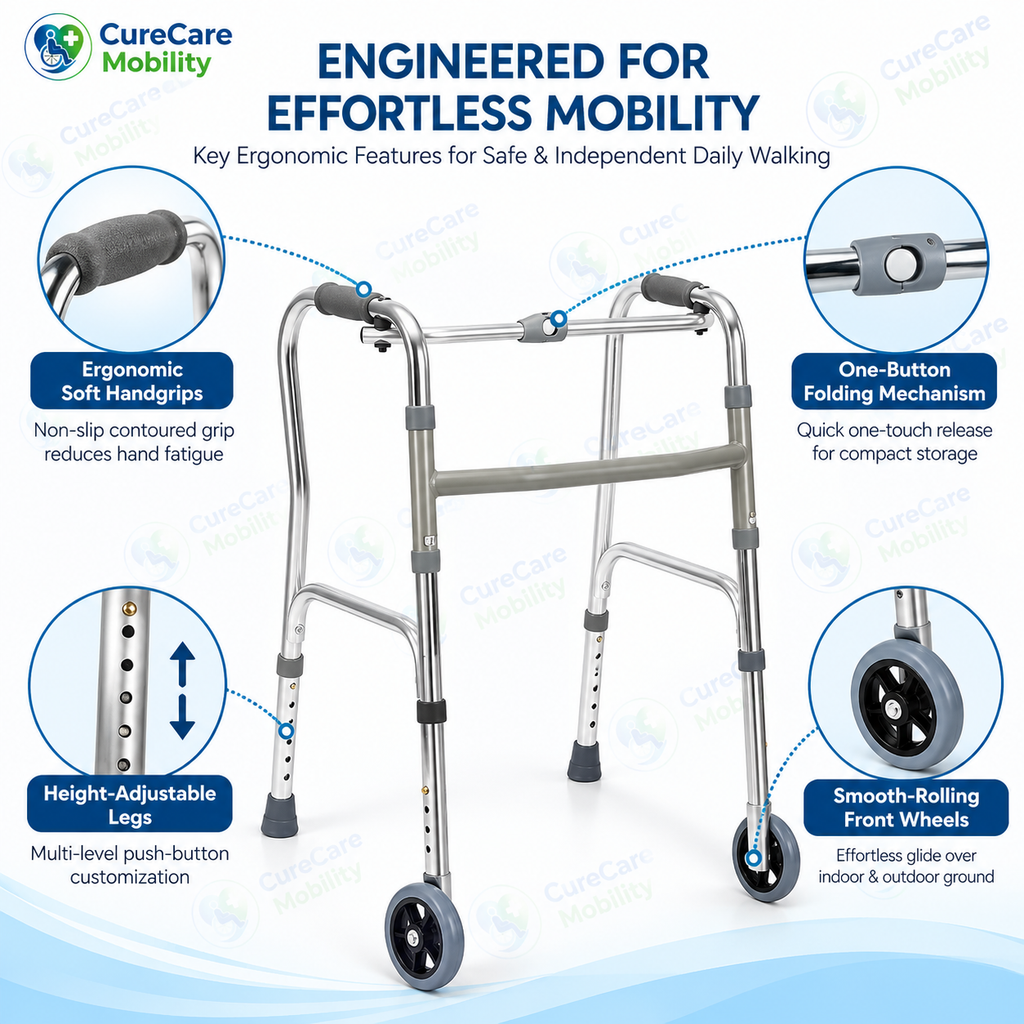 Aluminium Folding Wheel Walker
Height Adjustable Lightweight Walking Frame with Front Wheels