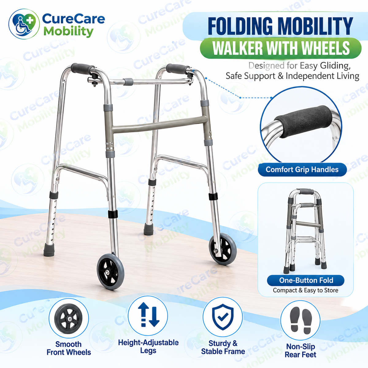 Aluminium Folding Wheel Walker
Height Adjustable Lightweight Walking Frame with Front Wheels