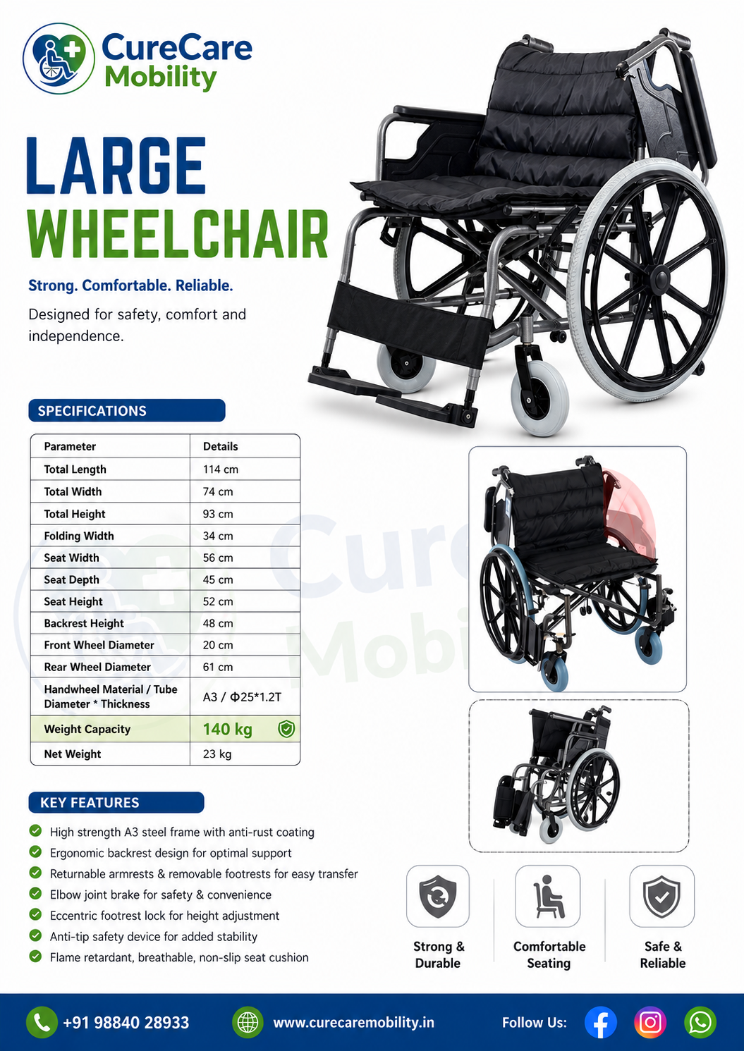 Heavy Duty Folding Wheelchair
Extra Wide Seat | Flip-Up Armrests | 150kg Weight Capacity | 24" PU Mag Wheels