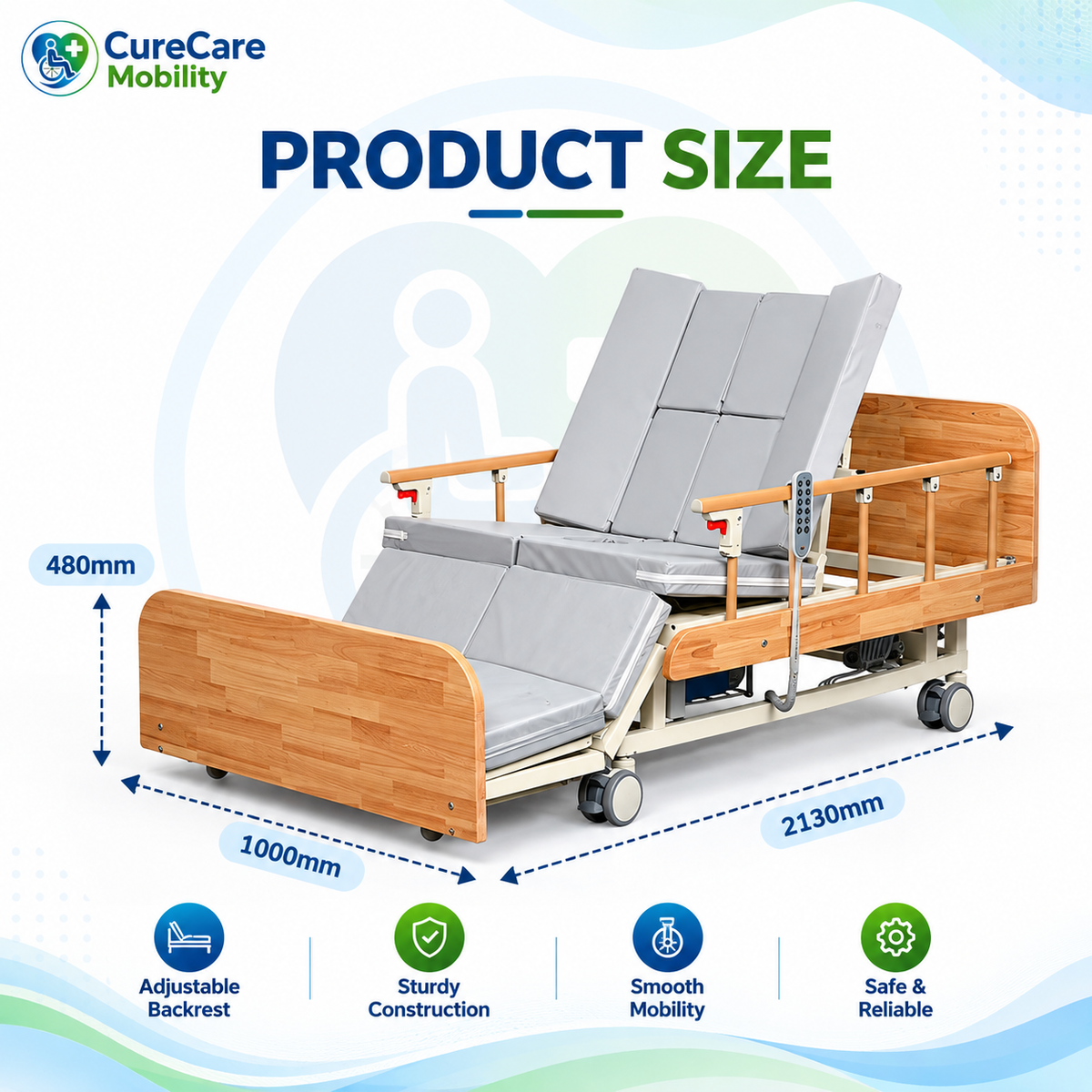 Electric Nursing Bed with Mattress | Adjustable Home Care Hospital Bed | 5 Function Motorized Medical Bed