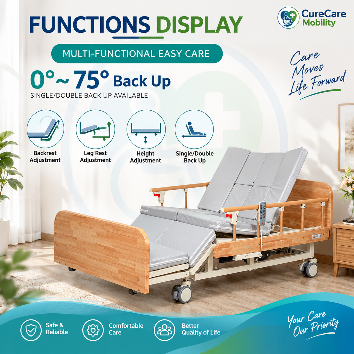 Electric Nursing Bed with Mattress | Adjustable Home Care Hospital Bed | 5 Function Motorized Medical Bed